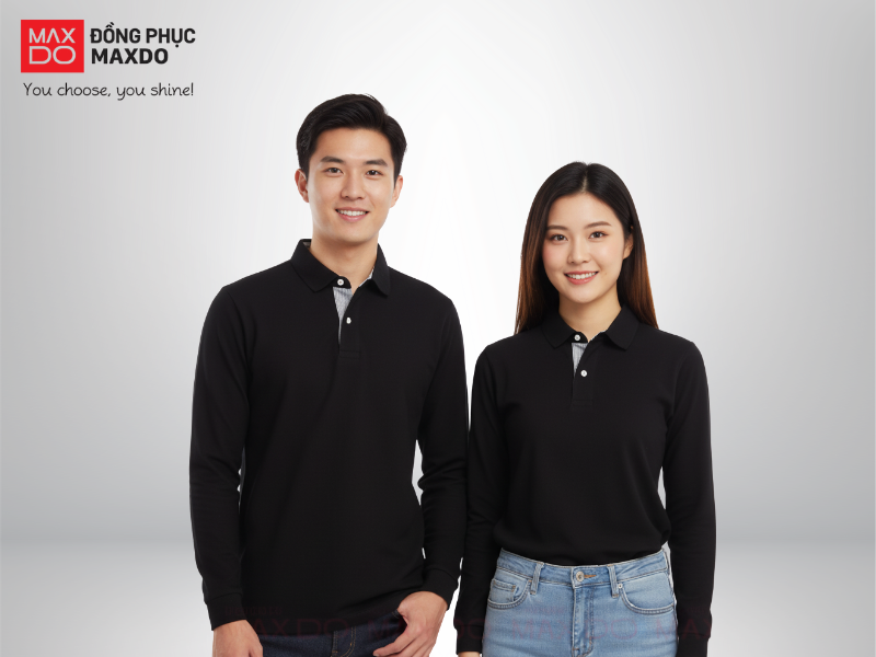 Áo thun đồng phục dài tay cổ bẻ màu đen giúp che khuyết điểm tốt, phù hợp với đa dạng mô hình kinh doanh