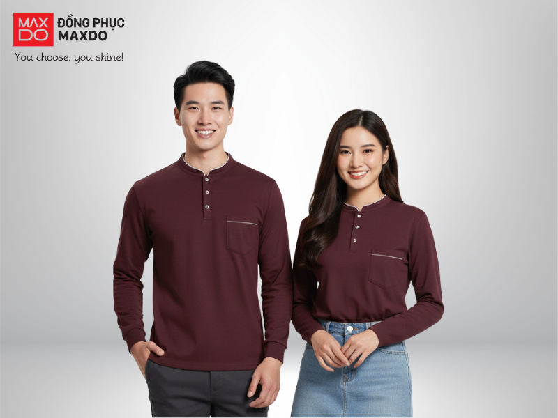 Áo thun đồng phục tay dài cổ Tàu có thiết kế cổ đứng thanh lịch giúp làm tôn phong thái chuyên nghiệp cho nhân viên