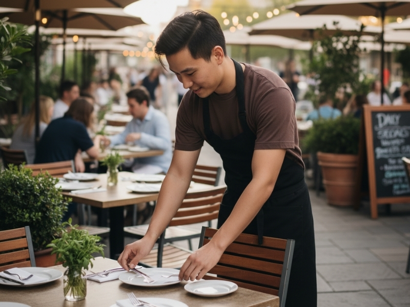 Áo thun đồng phục cổ tròn trong nhà hàng có thiết kế đơn giản, mang lại sự thoải mái cho nhân viên.