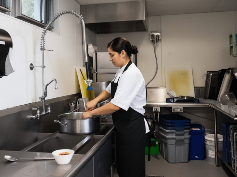 Chọn vải chống thấm nước để may đồng phục tạp vụ bếp sẽ giúp người mặc tránh tiếp xúc nhiều với chất tẩy rửa