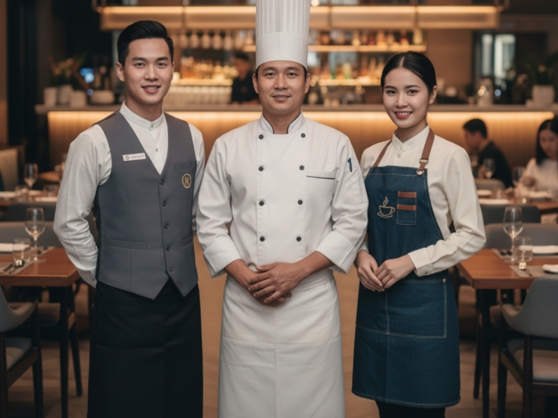 Đồng phục nhà hàng giúp tạo hình ảnh chỉnh chu, chuyên nghiệp cho đội ngũ nhân viên.
