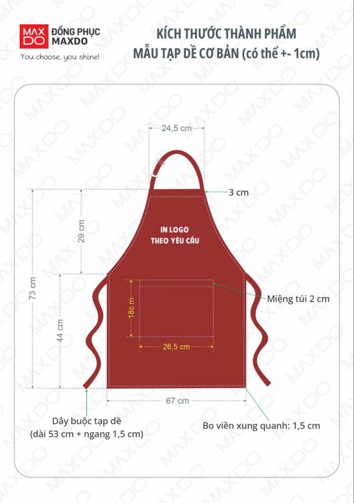 Minh họa mẫu kích thước tiêu chuẩn của tạp dề yếm dáng dài tại MAXDO.