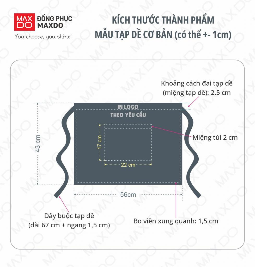 Minh họa mẫu kích thước của tạp dề chân dáng ngắn tại MAXDO.