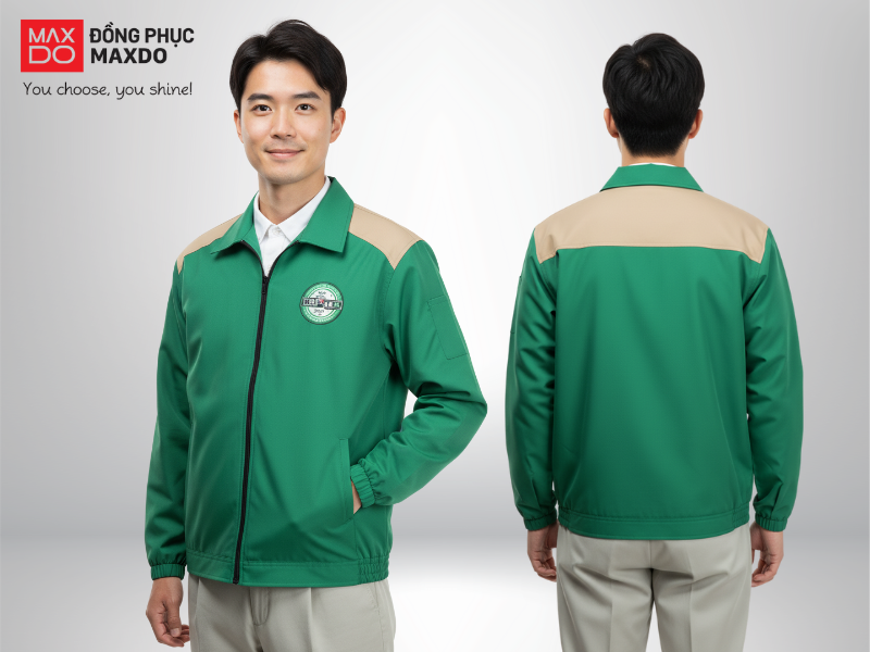 Mẫu đồng phục áo khoác gió dành phối giữa hai màu xanh và be