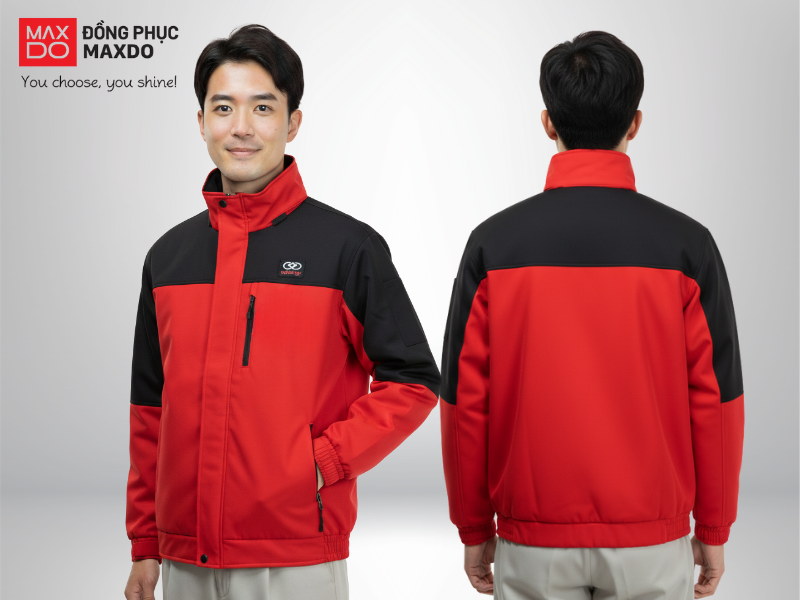 Mẫu đồng phục áo khoác gió màu đỏ phối viền đen