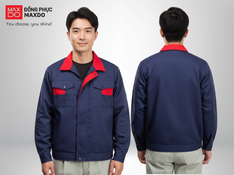 Mẫu đồng phục áo khoác gió màu xanh navy viền cổ đỏ dành cho nhân viên kỹ thuật