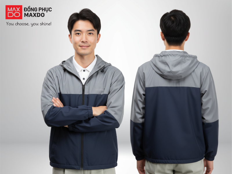 Mẫu đồng phục áo khoác gió phối giữa hai màu xanh navy và xám tiêu