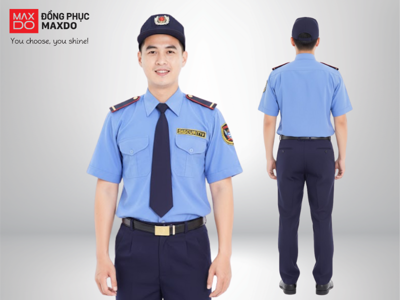 Đồng phục bảo vệ cơ quan, trường học được thiết kế theo kiểu truyền thống có áo màu xanh