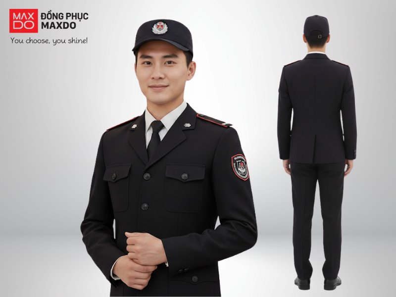 Thiết kế đồng phục bảo vệ khách sạn thanh lịch, phối màu trang nhã, tôn lên vẻ chuyên nghiệp và chỉn chu.
