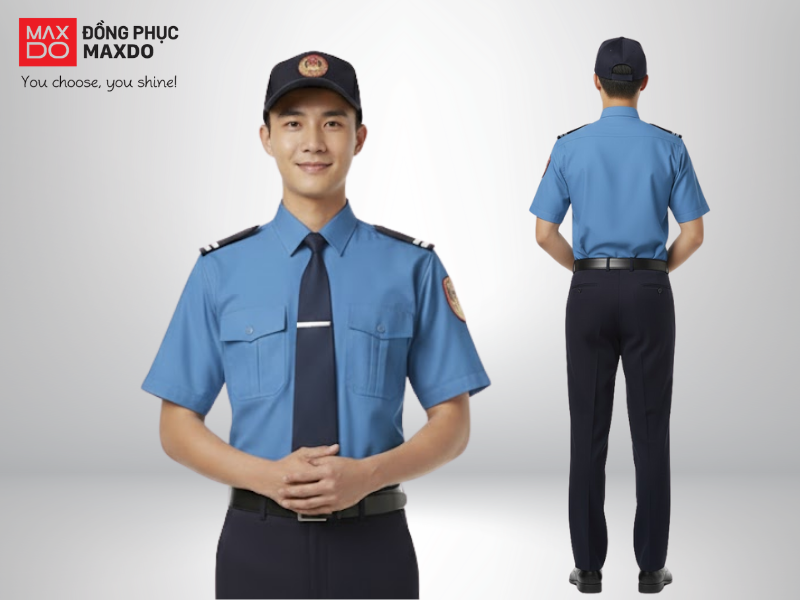 Đồng phục bảo vệ màu xanh là thiết kế truyền thống thường được sử dụng tại các cơ quan, trường học