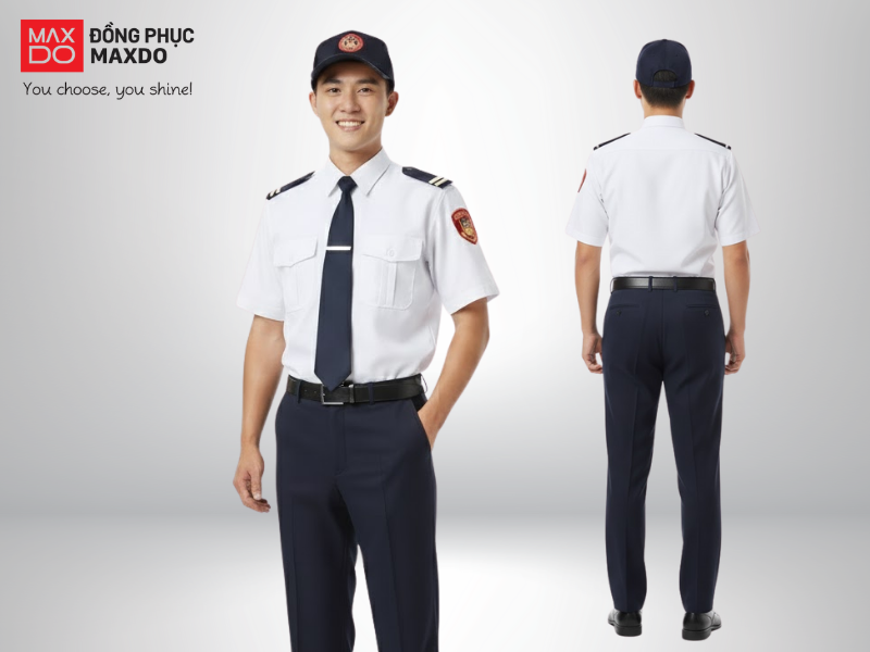 Đồng phục bảo vệ áo màu trắng thanh lịch tạo nên phong thái chỉn chu, giúp đội ngũ bảo vệ ghi dấu hình ảnh chuyên nghiệp