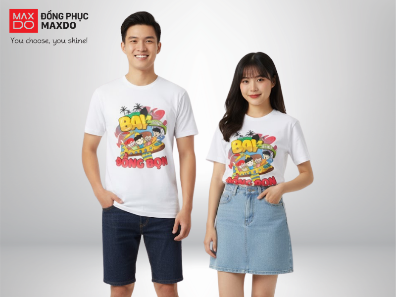 Mẫu đồng phục đi biển áo thun cổ tròn màu trắng