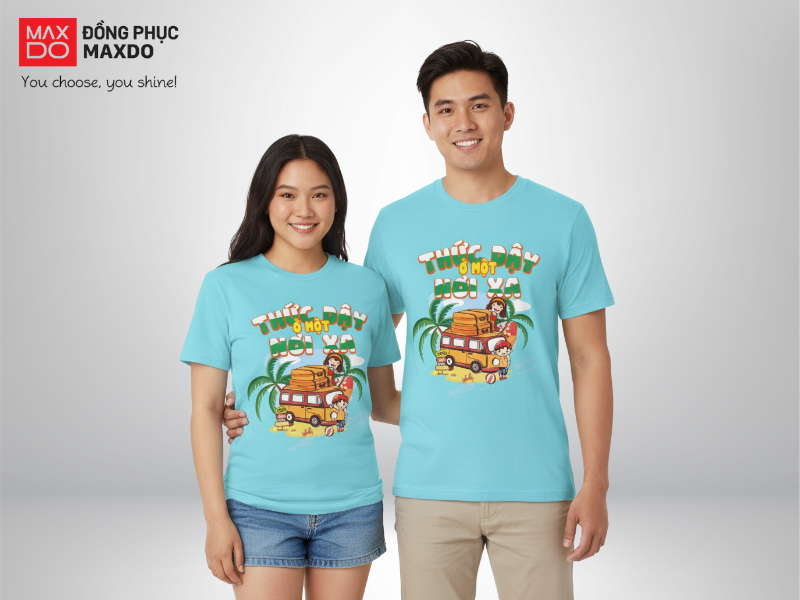 Mẫu đồng phục đi biển áo thun cổ tròn màu xanh da trời