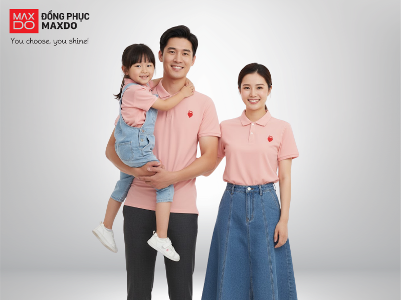 Mẫu áo polo đồng phục gia đình màu hồng pastel