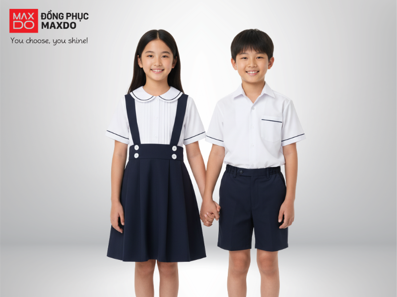 Mẫu đồng phục học sinh cấp 1 truyền thống với tông màu chủ đạo là xanh đen và trắng