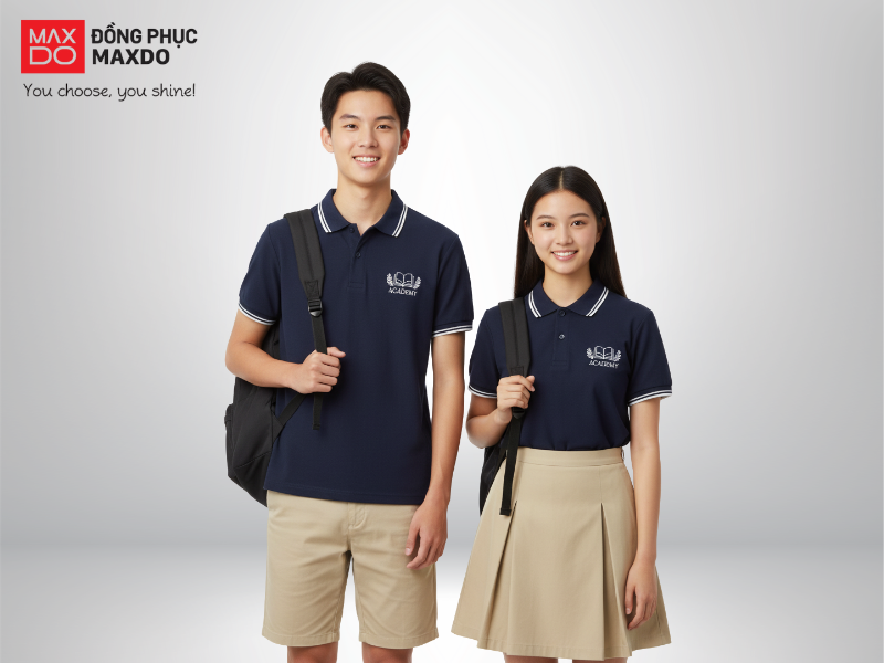 Mẫu bộ đồ đồng phục học sinh có tông màu chủ đạo là màu xanh navy và màu be