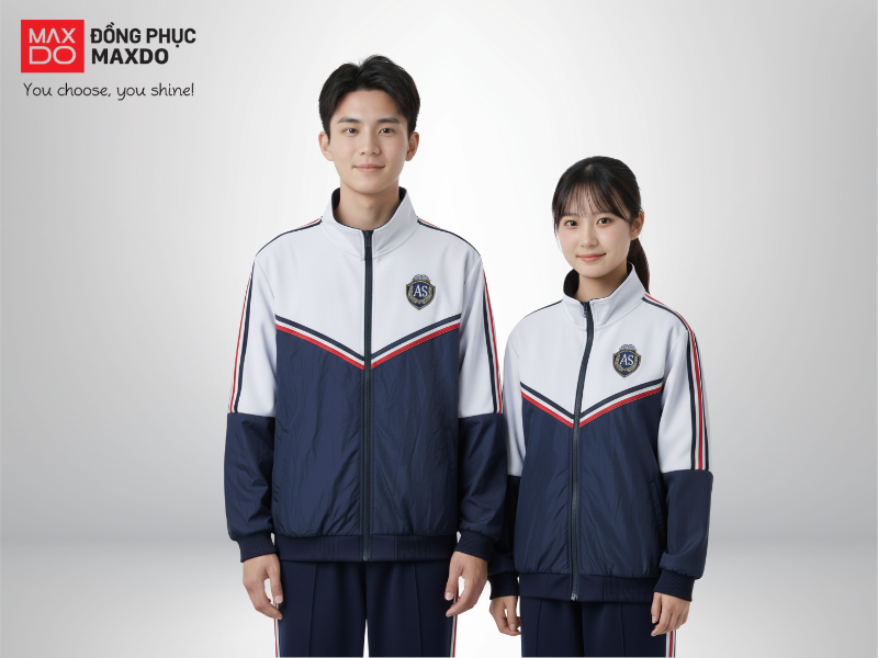 Mẫu áo khoác gió đồng phục mùa đông có tông màu chủ đạo là màu xanh đậm và trắng