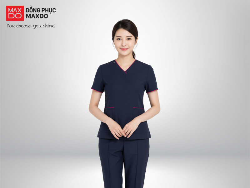 Mẫu đồng phục nhân viên spa có thiết kế áo cổ tim tay ngắn