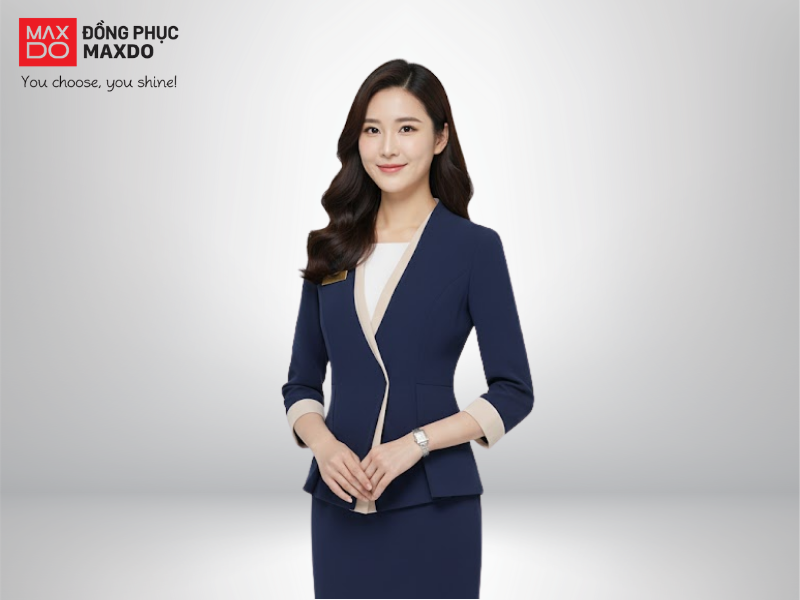 Mẫu đồng phục quản lý khách sạn có tông màu xanh đen phối màu be sang trọng