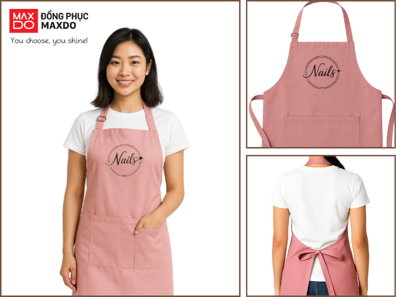 Mẫu tạp dề nail màu hồng có thiết kế 1 túi hộp đứng và 1 túi hộp nhỏ