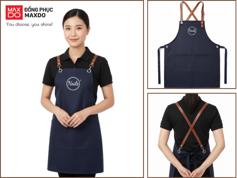 Mẫu tạp dề có hai túi đựng song song màu xanh navy