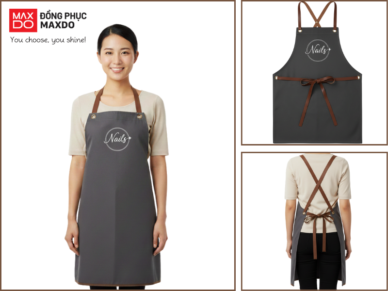 Mẫu tạp dề nail trơn màu xám tiêu phối với dây nâu đậm