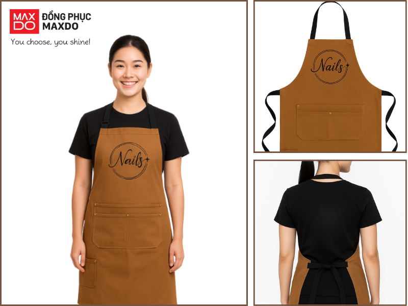 Mẫu tạp dề nail 3 túi đựng màu nâu 