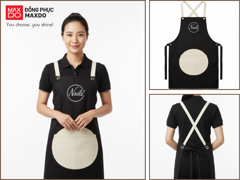 Mẫu tạp dề nail màu đen có thiết kế túi hình mặt trăng