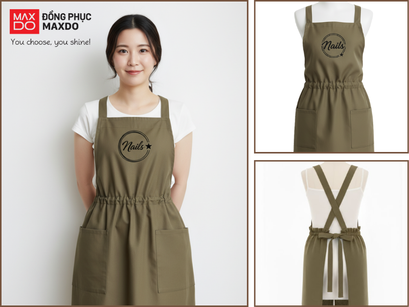 Mẫu tạp dề nail nữ tính màu rêu có viền eo nhún