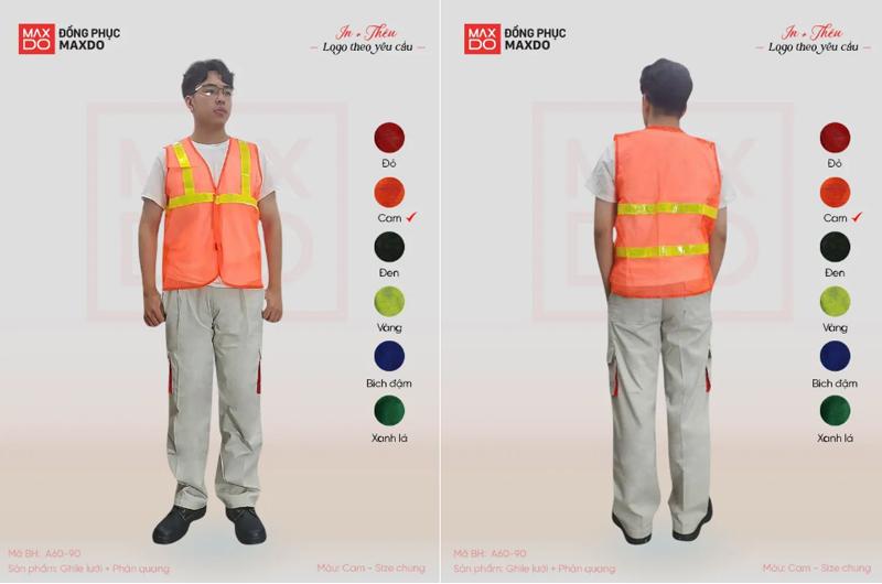 Áo gile phản quang màu cam vải lưới mỏng nhẹ cho công nhân xây dựng.