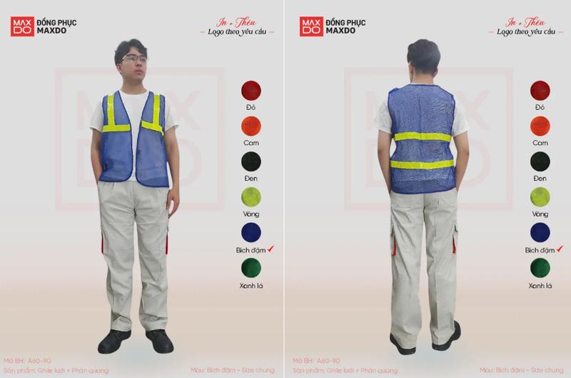 Áo gile phản quang màu xanh dương cho công nhân xây dựng.