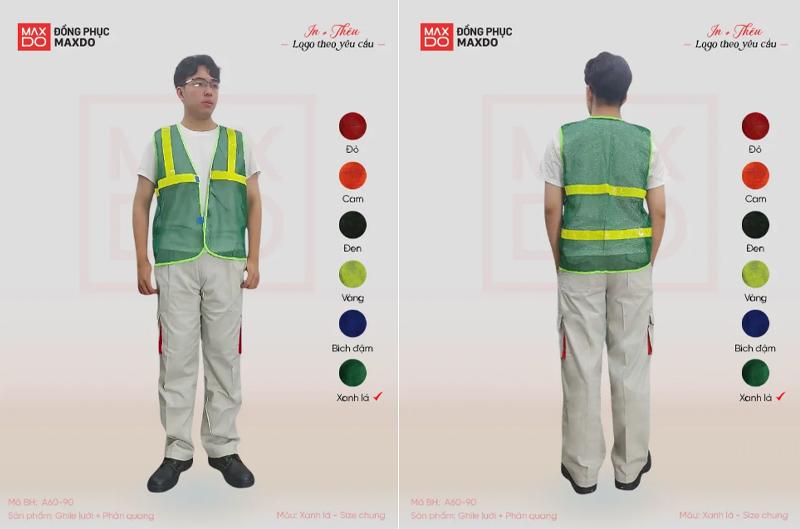 Áo gile cho công nhân vệ sinh môi trường có màu xanh lá đặc trưng, không có nhiều túi nhỏ. 