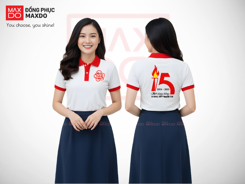 Mẫu áo đồng phục họp lớp kỷ niệm 15 năm màu trắng phối viền đỏ