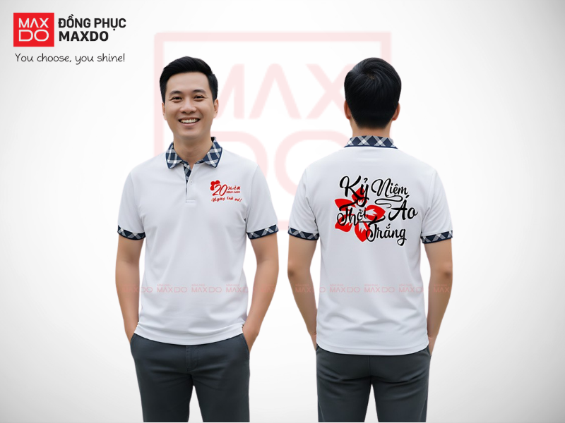 Mẫu áo đồng phục họp lớp kỷ niệm 20 năm màu trắng có viền áo caro
