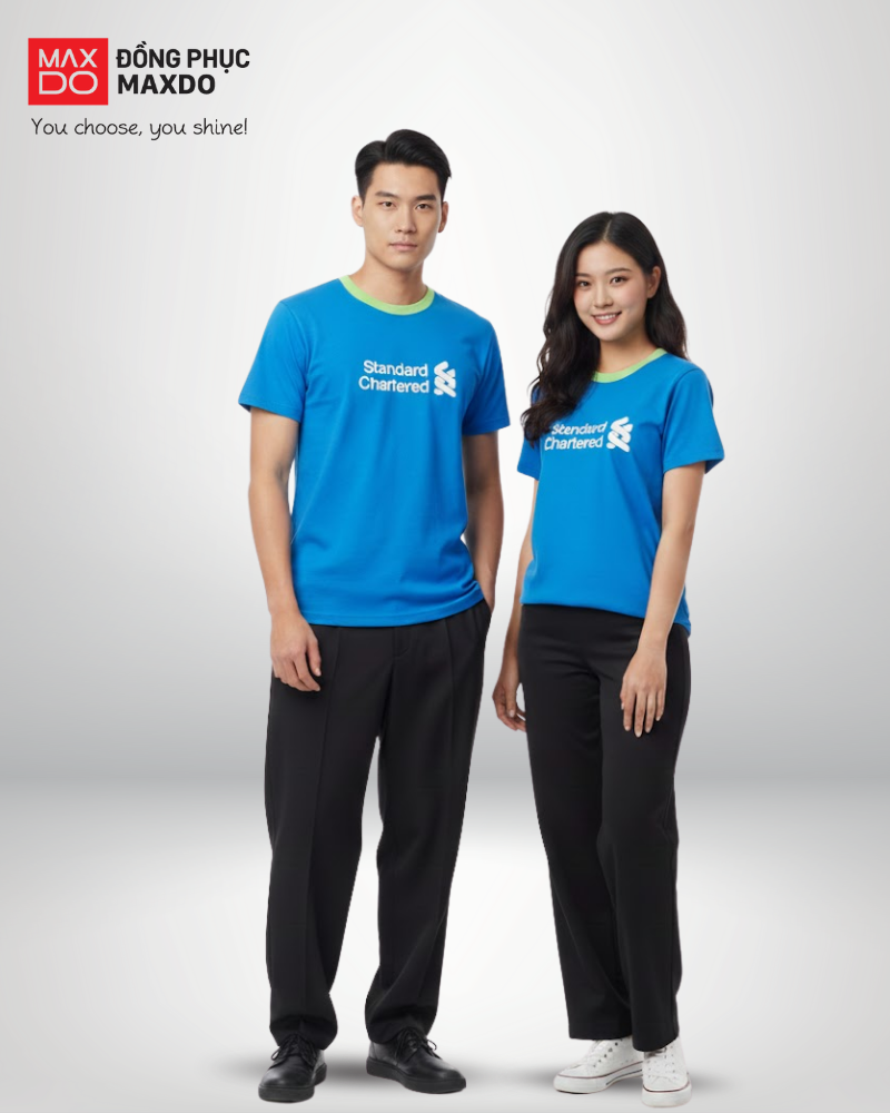Mẫu đồng phục áo thun cổ tròn của ngân hàng Standard Chartered