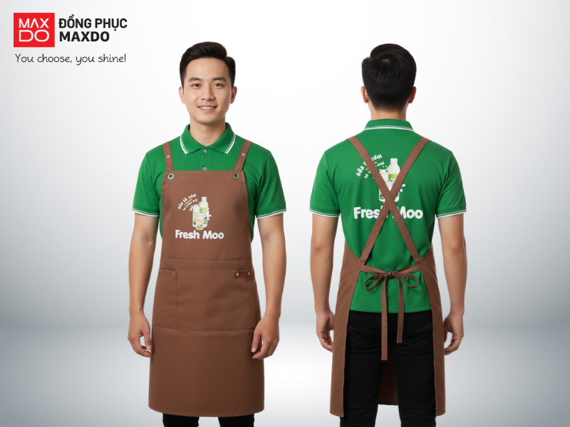 Mẫu đồng phục quán cafe có thiết kế áo màu xanh lá và tạp dề màu nâu