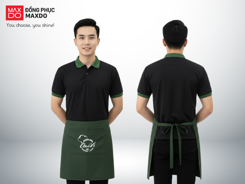 Mẫu đồng phục quán cafe có tông màu chủ đạo là đen và xanh rêu