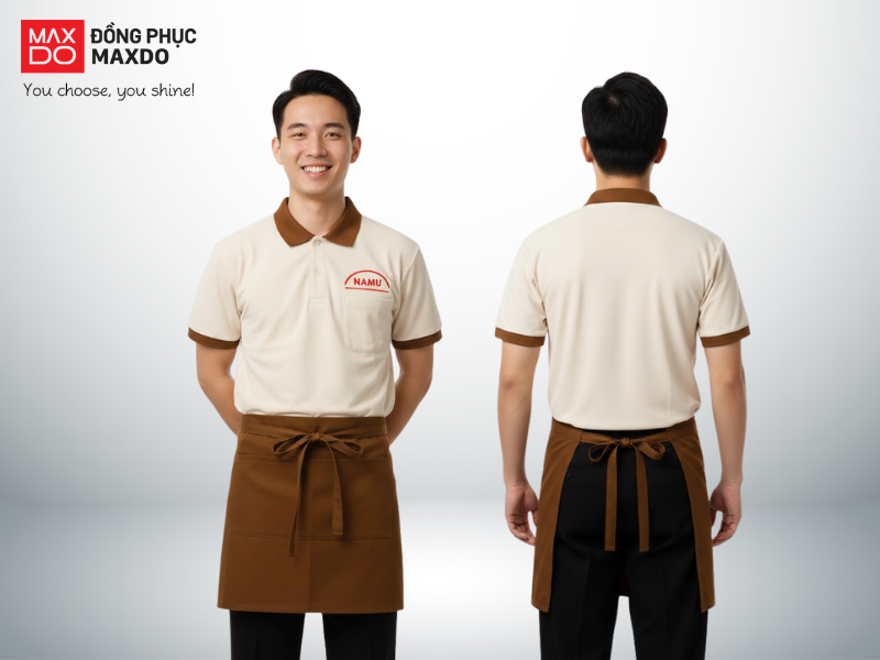Mẫu đồng phục quán cafe áo thun cổ polo kết hợp với tạp dề ngắn
