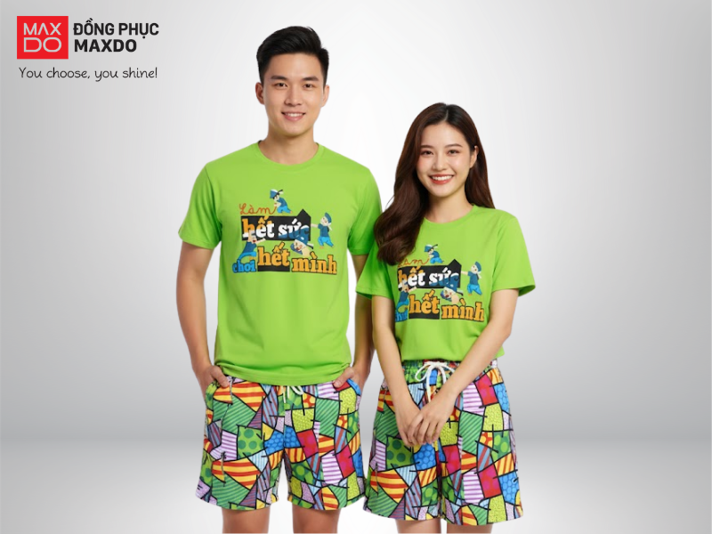 Đồng phục team building áo thun thiết kế độc đáo phối cùng quần sooc đa họa tiết