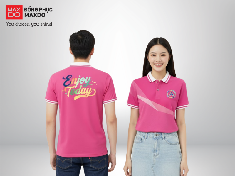 Mẫu đồng phục team building áo thun cổ polo tông màu hồng phối viền trắng