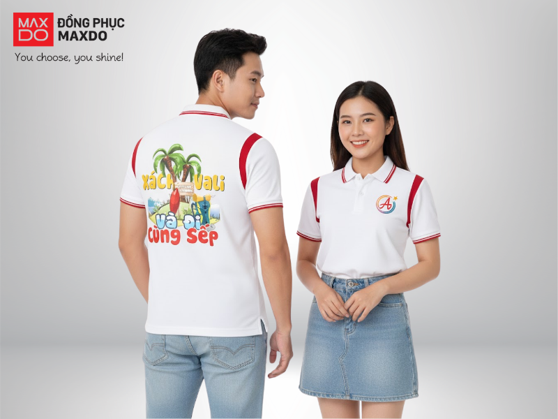 Mẫu đồng phục team building áo thun cổ polo màu trắng phối viền áo màu đỏ