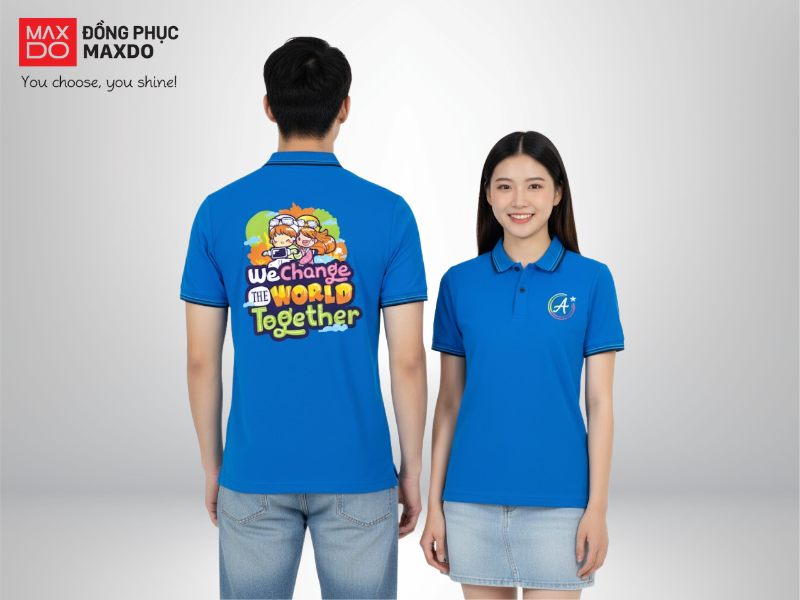 Mẫu đồng phục team building áo thun cổ polo màu xanh có viền áo màu đen