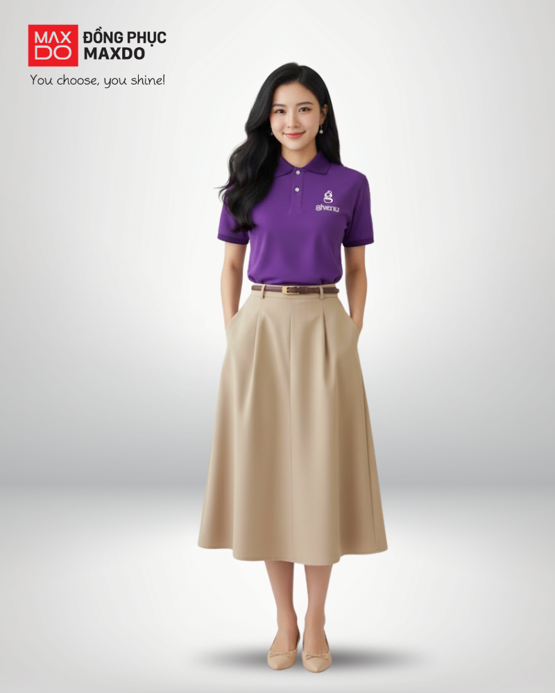Áo polo đồng phục phối với chân váy chữ A