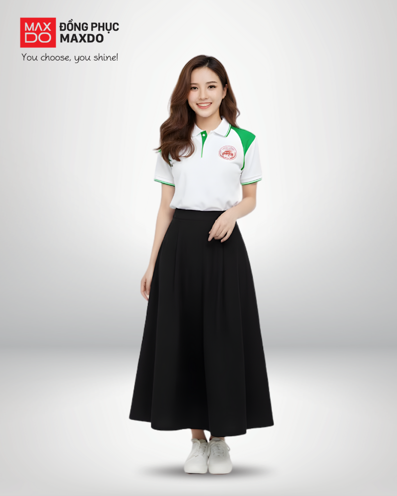 Áo polo đồng phục phối với chân váy kaki vải thô