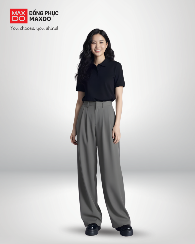 Áo polo đồng phục phối với quần tây ống suông