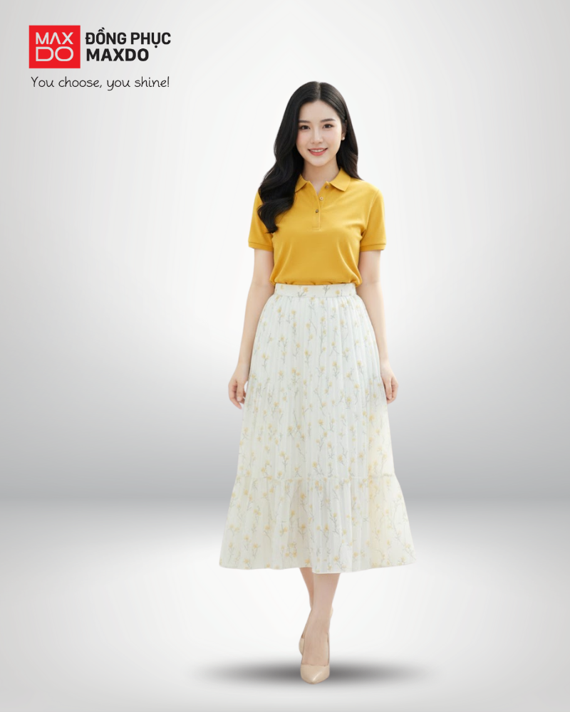 Áo polo đồng phục phối với chân váy hoa