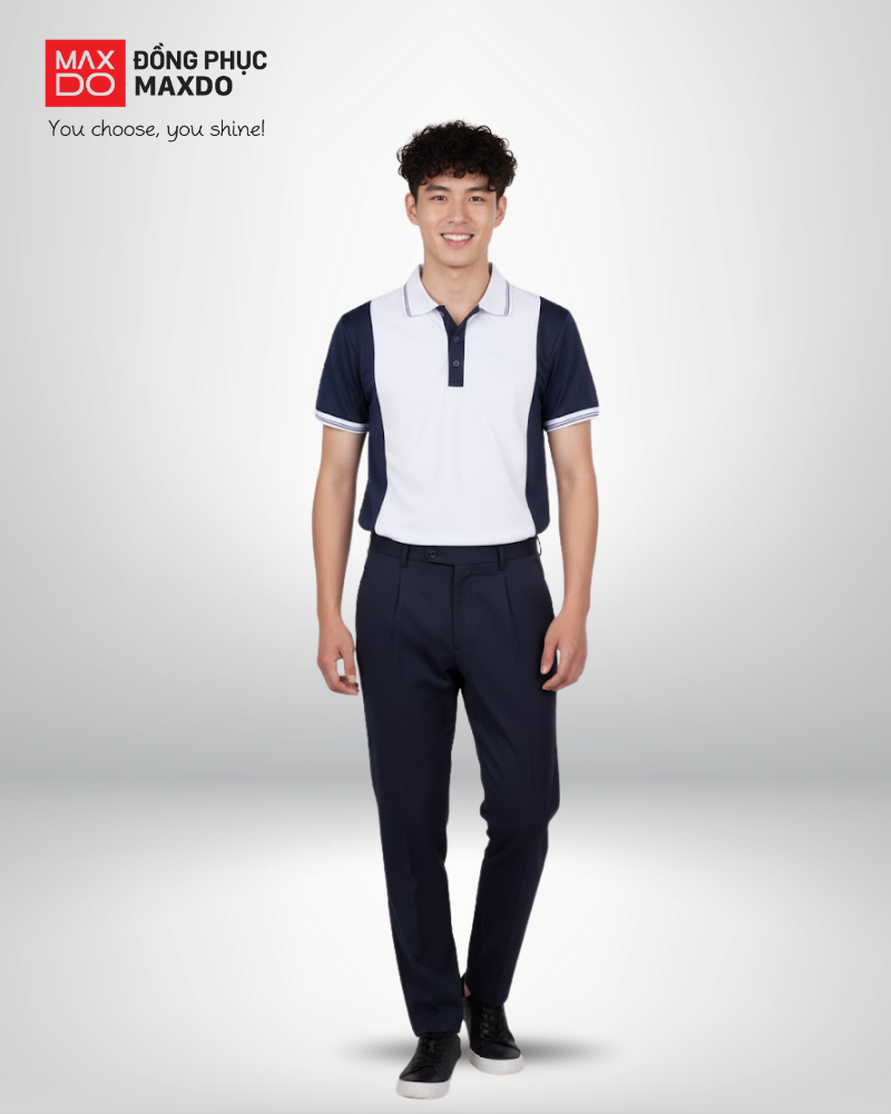 Áo polo đồng phục phối với quần âu màu đen tuyền