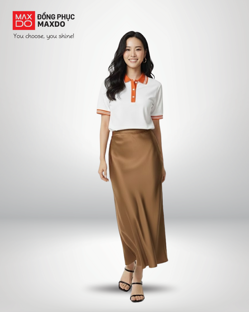Áo polo đồng phục phối với chân váy lụa màu nâu