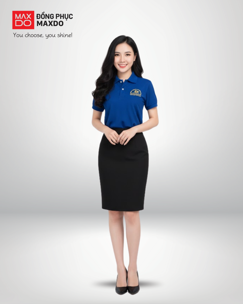Áo polo đồng phục phối với chân váy bút chì màu đen