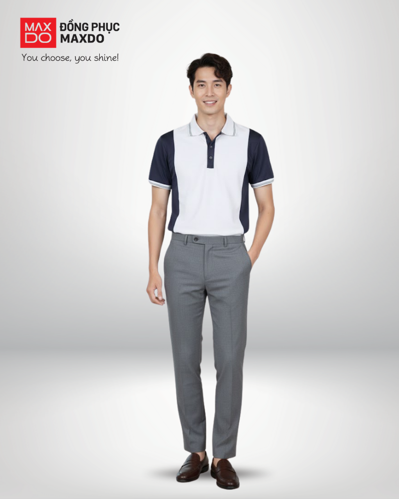 Áo polo đồng phục phối với quần âu màu xám